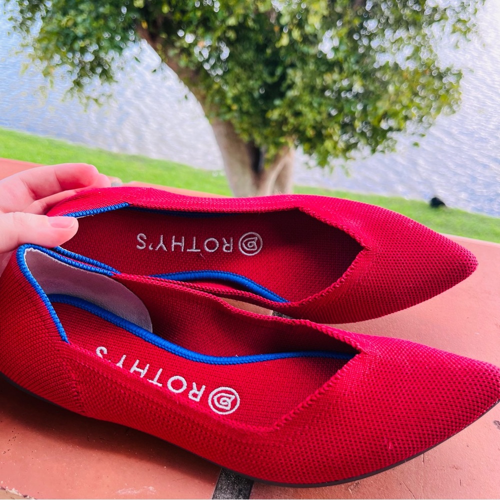 Rothy's Red Pointed Knit Slip-On Flats